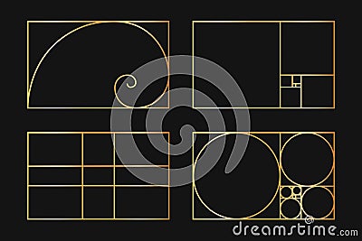 Collection of golden ratio templates. Logarithmic spiral. Fibonacci sequence as rectangle frames divided on lines Vector Illustration