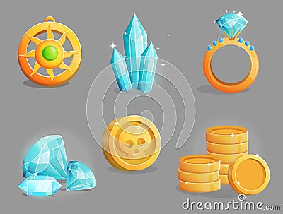 Collection of golden riches, gemstones and jewelry Vector Illustration