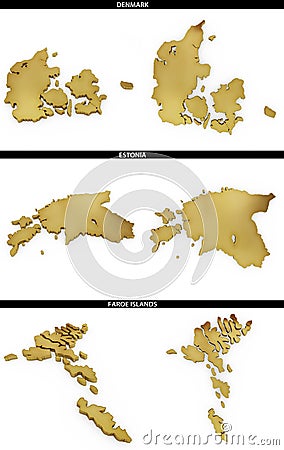 A collection of golden shapes from the European states European states Denmark, Estonia, Faroe Islands Stock Photo