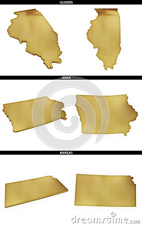 A collection of golden shapes from the US American states Illinois, Iowa, Kansas Stock Photo