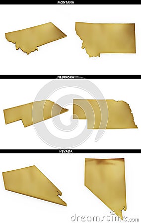 A collection of golden shapes from the US American states Montana, Nebraska, Nevada Stock Photo