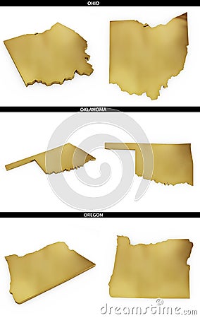 A collection of golden shapes from the US American states Ohio, Oklahoma, Oregon Stock Photo