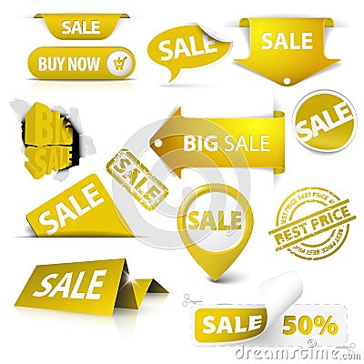 Collection of golden yellow sale tickets, stamps Stock Photo