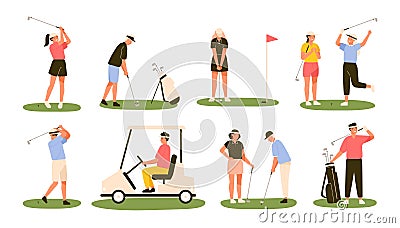 Collection of golf players isolated on white background. Bundle of male and female golfers hitting ball with clubs Vector Illustration