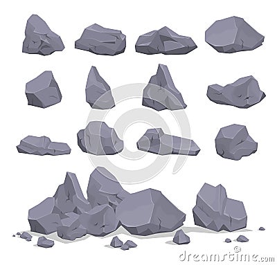 Collection of gray cartoon rock stone vector flat illustration heavy natural mineral geology granite Vector Illustration