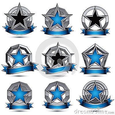 Collection of gray round heraldic 3d glamorous icons, silver graphic objects with pentagonal stars and wavy stripes, clear EPS 8 Vector Illustration