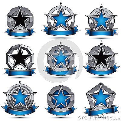 Collection of gray round heraldic 3d glamorous icons, silver graphic objects with pentagonal stars and wavy stripes, clear EPS 8 Vector Illustration