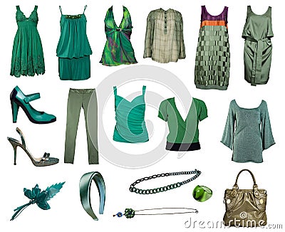 Collection of green clothes and accessories Stock Photo