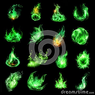 Collection of green fire spells and enchantments, isolated on black background. Generative Ai illustration Cartoon Illustration