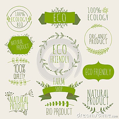 Collection of green labels and badges for organic, natural, bio Vector Illustration