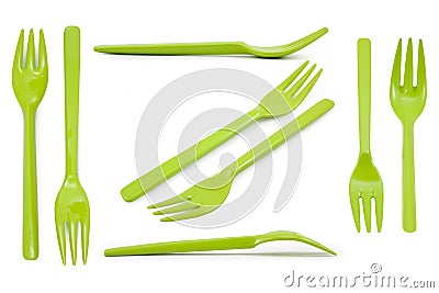 Collection green plastic forks isolated Stock Photo