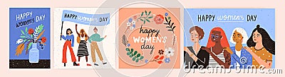 Collection of greeting card or postcard templates with flower bouquet in vase, floral wreath, feminism activists and Vector Illustration