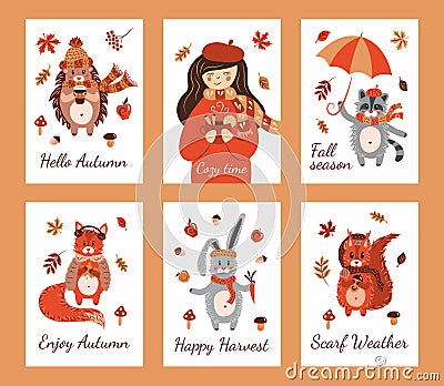 Collection greeting cards with girl, forest animals Vector Illustration