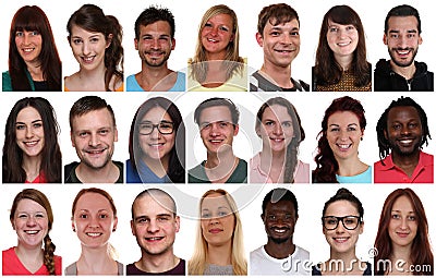 Collection group portrait of multiracial young smiling people Stock Photo