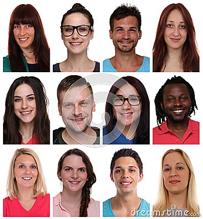 Collection group portraits of multiracial young smiling people f Stock Photo