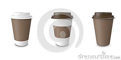 Collection, group, set, take-out coffee with cup holder. Isolated on a white background. Cartoon Illustration