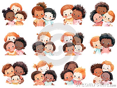 Collection of groups of smiling little children. Cartoon multiethnic happy kids, cute preschoolers. Generative AI Stock Photo