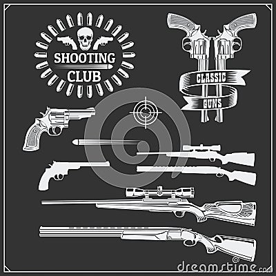 Collection of Guns. Revolvers, shotguns and rifles. Gun club labels and design elements. Vector Illustration