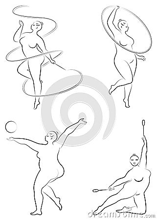 Collection. Gymnastics Silhouette of a girl with a hoop, ribbon, ball, clubs. The woman is overweight, a large body. The girl is a Cartoon Illustration