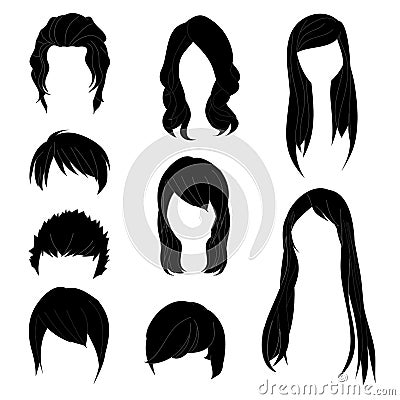 Collection Hairstyle for Man and Woman Black Hair Color Set 1. Vector illustration Vector Illustration