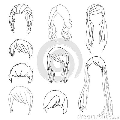 Collection Hairstyle for Man and Woman Hair Drawing Set 1. Vector illustration Vector Illustration