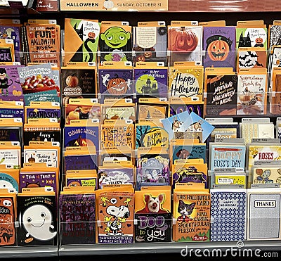 Farmington CT, USA - September 29, 2021: Collection of Halloween greeting cards in a store display Editorial Stock Photo