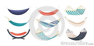 Collection of hammocks of different types isolated on white background. Bundle of tools for summer recreation Vector Illustration