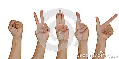 Collection hand of businessman showing various signs and symbols isolated on white Stock Photo