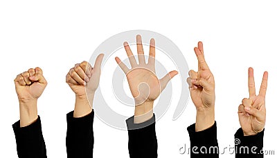 Collection hand of businessman showing various signs and symbols isolated on white, use clipping path Stock Photo