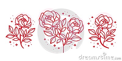 Collection of hand drawn botanical pink rose floral elements for feminine beauty logo Vector Illustration