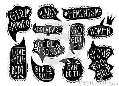 Collection hand drawn communicate feminism speech. Design element slogan doodle business message Cartoon Illustration