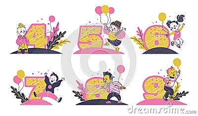 Collection of hand drawn decorative number with happy kids arranging for baby birthday party cards Vector Illustration