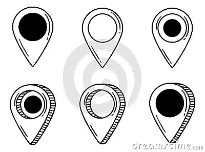 Collection of Hand Drawn Doodle Location Pins. Various Navigation Markers, Pinpoints and Tags for a Whimsical and Vector Illustration