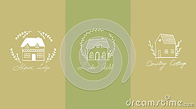 Collection of the hand drawn home, house logos, icons and gardens. Vector illustrations. Lodge, cottage logo concept Vector Illustration