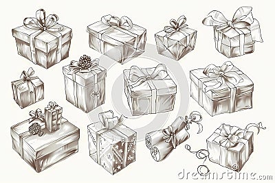 a collection of hand drawn illustrations of presents. Cartoon Illustration