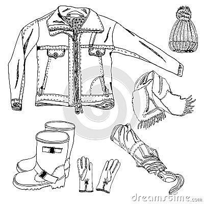 Collection with hand drawn of items of autumn clothes. Monochrome ink sketch objects isolated on white background Vector Illustration