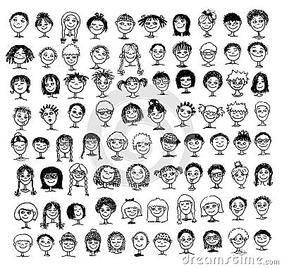 Collection of hand drawn kids' faces Vector Illustration