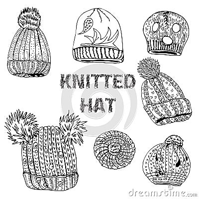 Collection with hand drawn knitted hats and berets. Monochrome ink sketch objects isolated on white background Vector Illustration