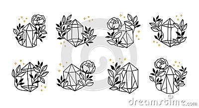 Collection of hand drawn magical elements with crystal, flower, stars & leaf branch Vector Illustration