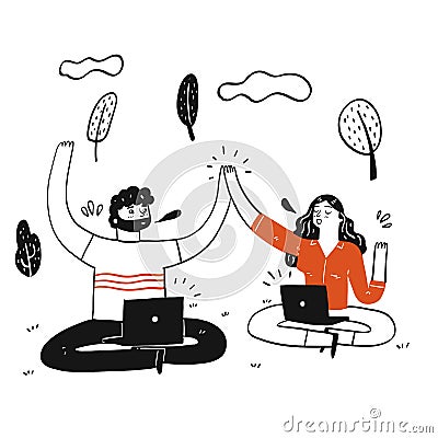 Man and girl sit in the park doing Hi5 with laptop on their legs Vector Illustration