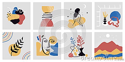 Collection of hand drawn modern colorful art posters. Abstract set of modern trendy illustrations. Vector Illustration