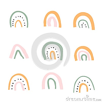 Collection of hand drawn rainbow element illustration in scandinavian cute childish style. Vector cartoon illustration of pastel r Cartoon Illustration