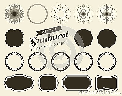 Collection of hand drawn retro sunburst, bursting rays design elements. Frames, badges Vector Illustration