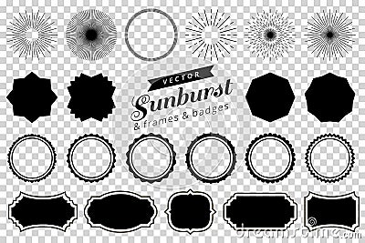 Collection of hand drawn retro sunburst, bursting rays design elements. Frames, badges Vector Illustration