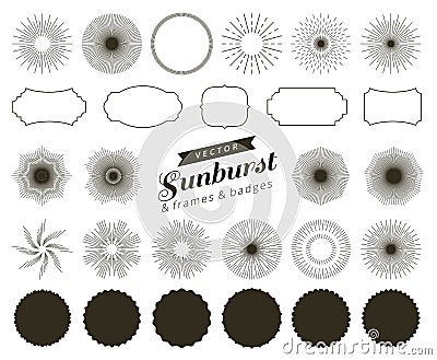 Collection of hand drawn retro sunburst, bursting rays design elements. Frames, badges Vector Illustration