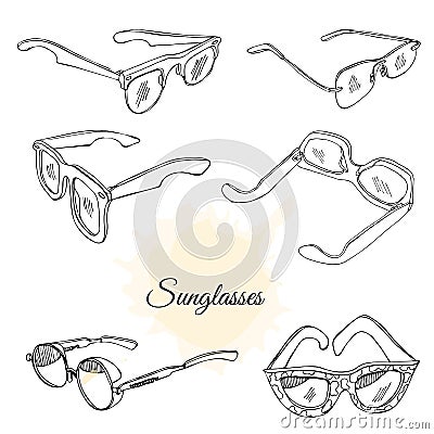 Collection of hand drawn sunglasses. Monochrome sketch objects isolated on white background. Vector Illustration