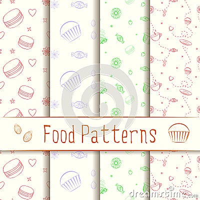 Collection of hand drawn vintage dessert food vector patterns Vector Illustration