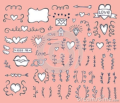 Collection of hand drawn vintage swirl ornaments full of hearts. Valentine`s day special pack design elements. Vector Illustration