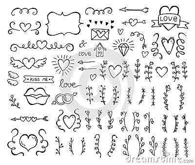 Collection of hand drawn vintage swirl ornaments full of hearts. Valentine`s day special pack design elements. Vector Illustration