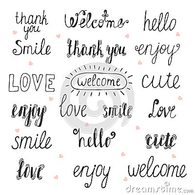 Collection of hand drawn words for your design. Welcome, thank y Vector Illustration